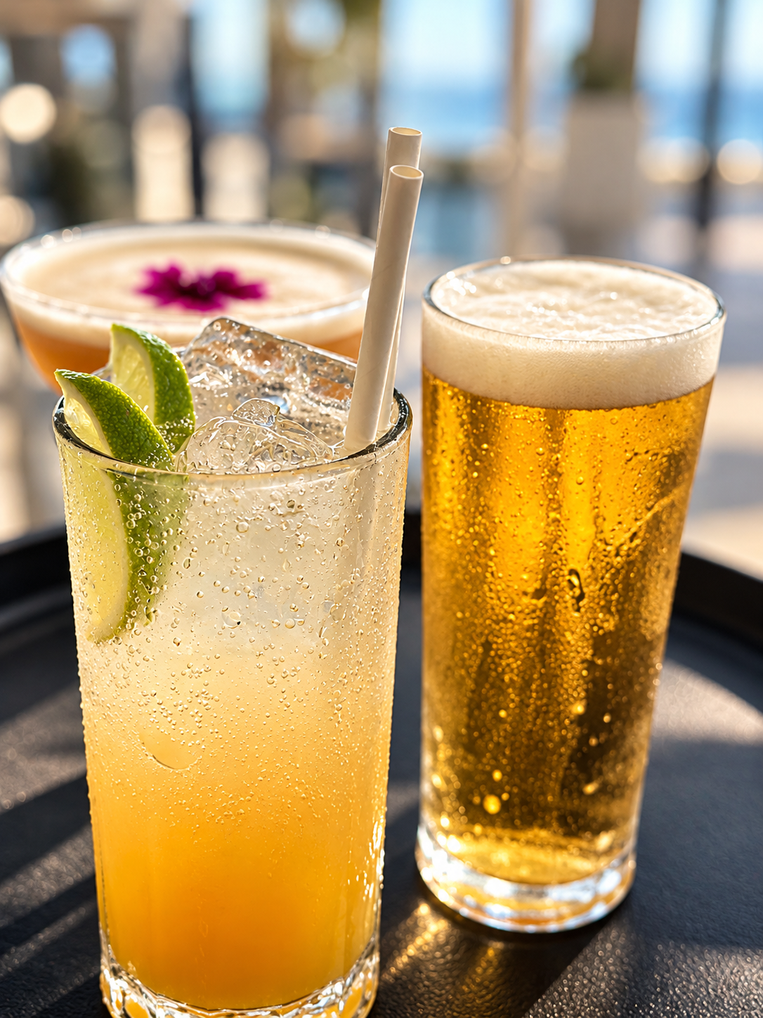 Cocktail with lime, cold beer and a floral drink on a tray